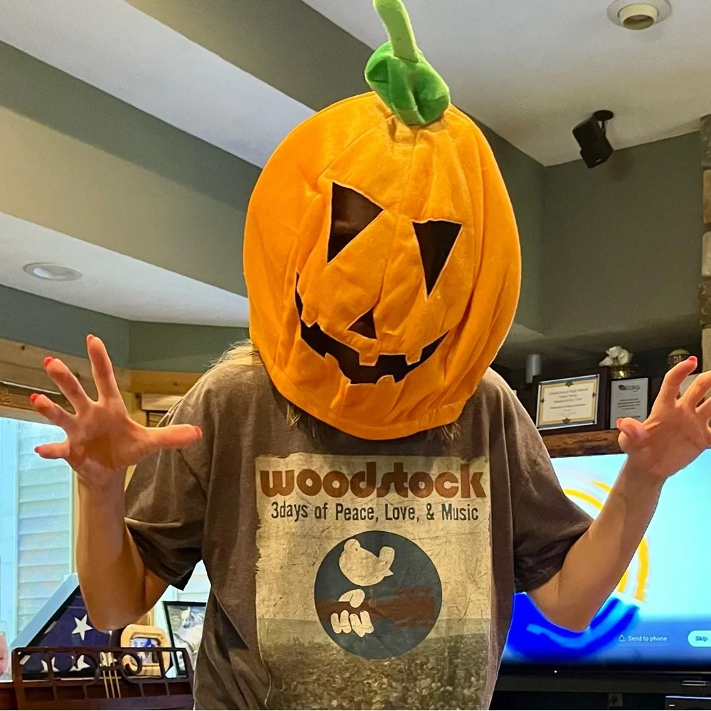Pumpkin Head MASK Orange Jack-o’-lantern Halloween Costume Smiling Face ADULT OS